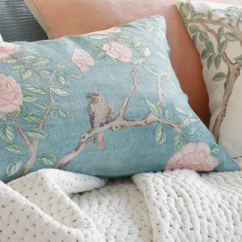 Jolie Blue Embroidered Pillow Lifestyle