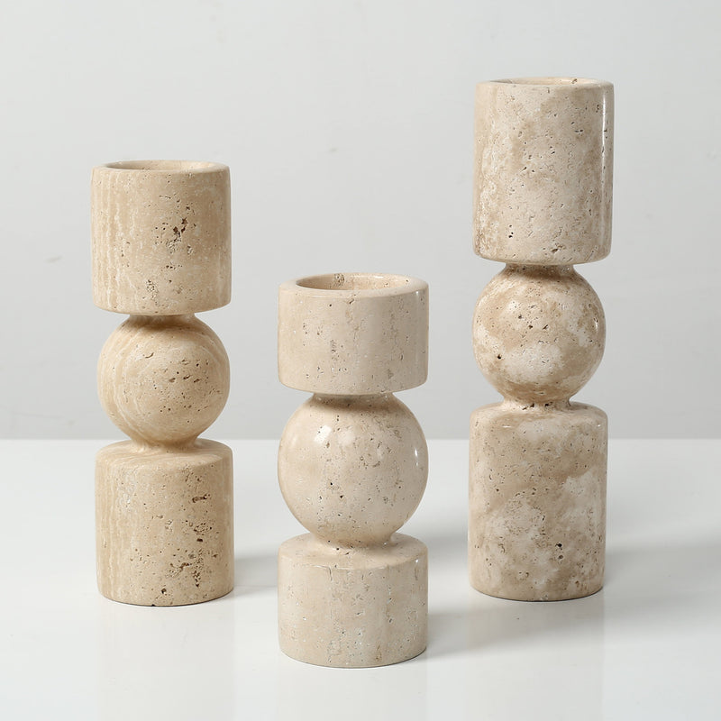 Set of Three Travertine Stone Candle Holders