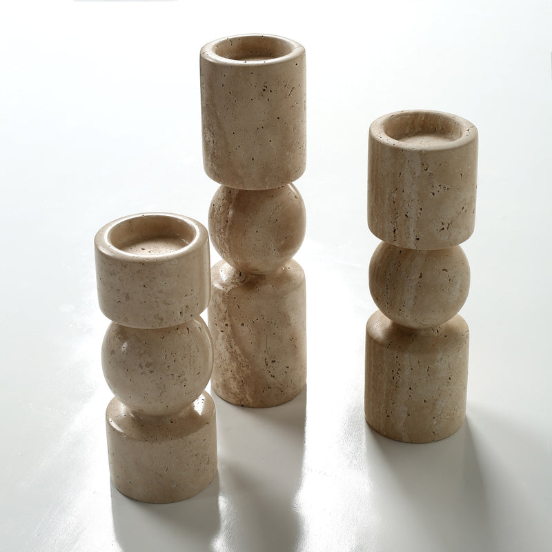 Set of Three Travertine Stone Candle Holders