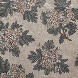 Floral patterned fabric with dark green leaves and light-colored flowers on a neutral background
